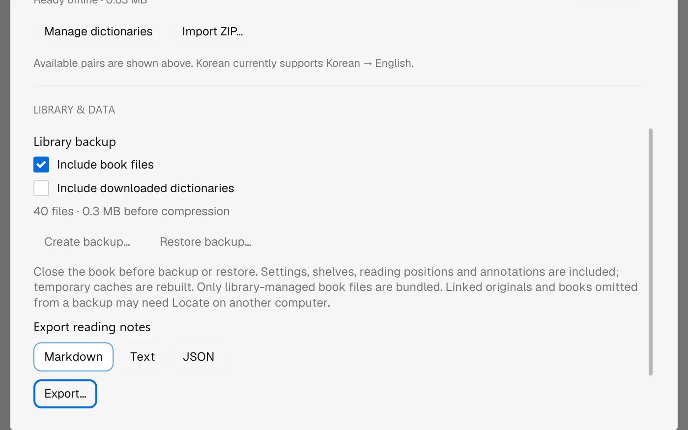 Library & data settings with backup options and note export formats