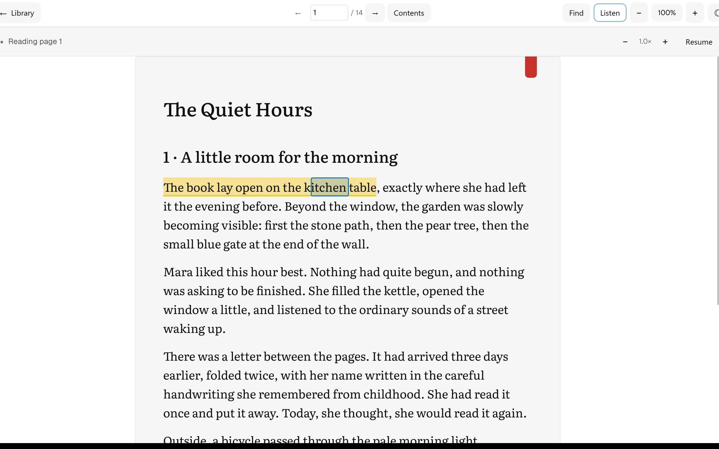 Listen paused in the middle of a sentence, with the spoken word marked and the speed controls open