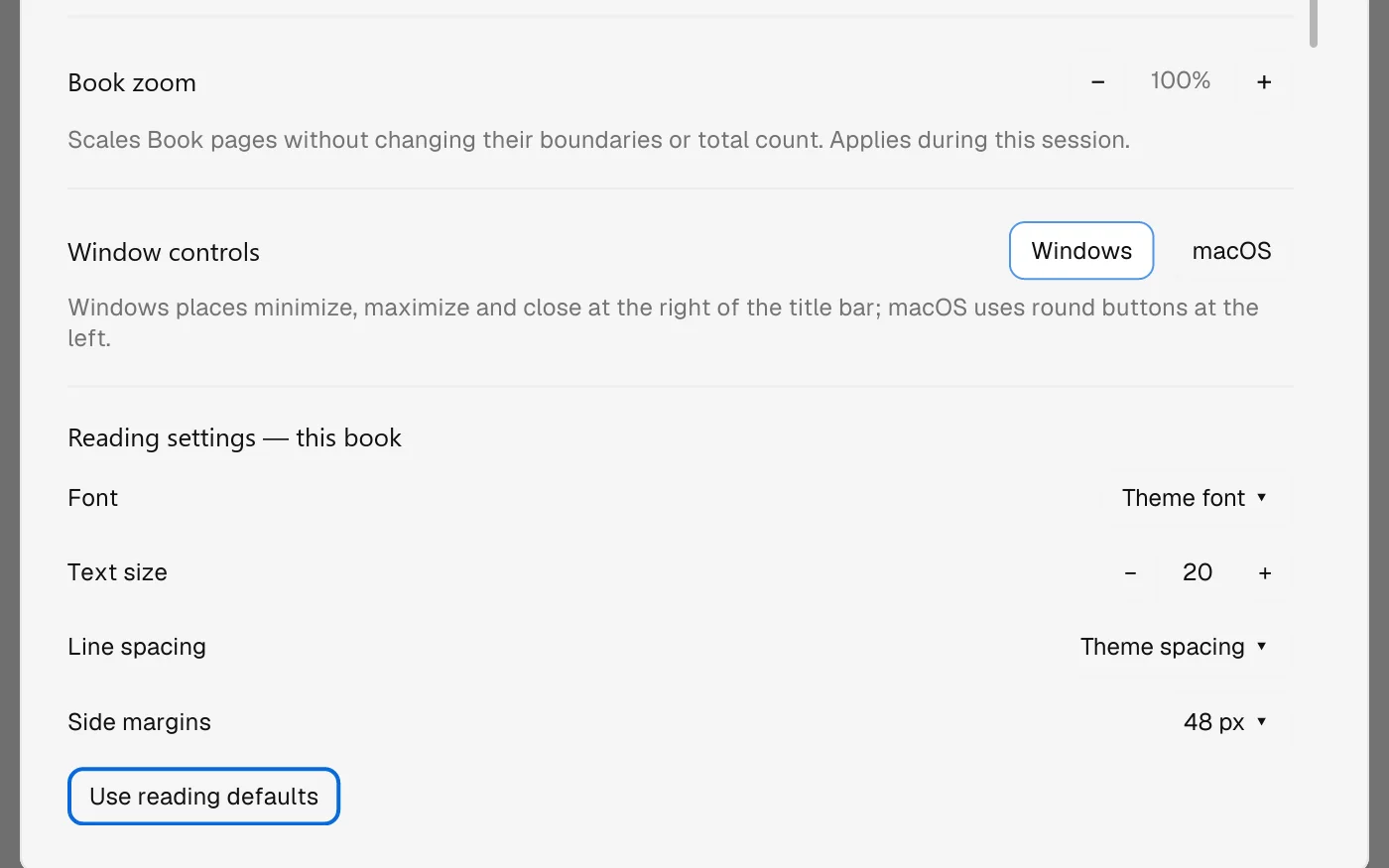 Per-book reading settings for font, text size, line spacing and side margins
