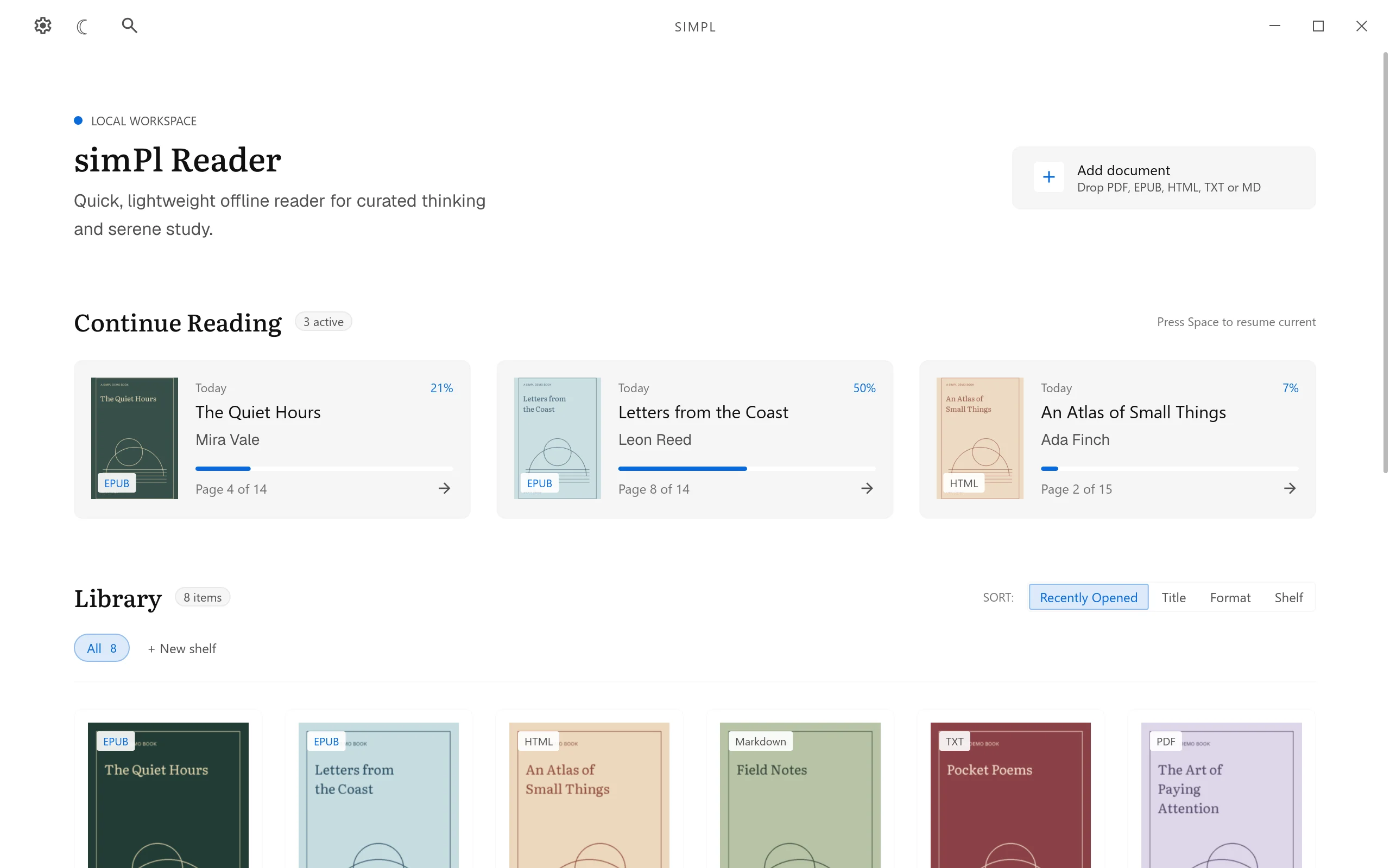 The simPl library with Continue Reading cards, shelves and sorting