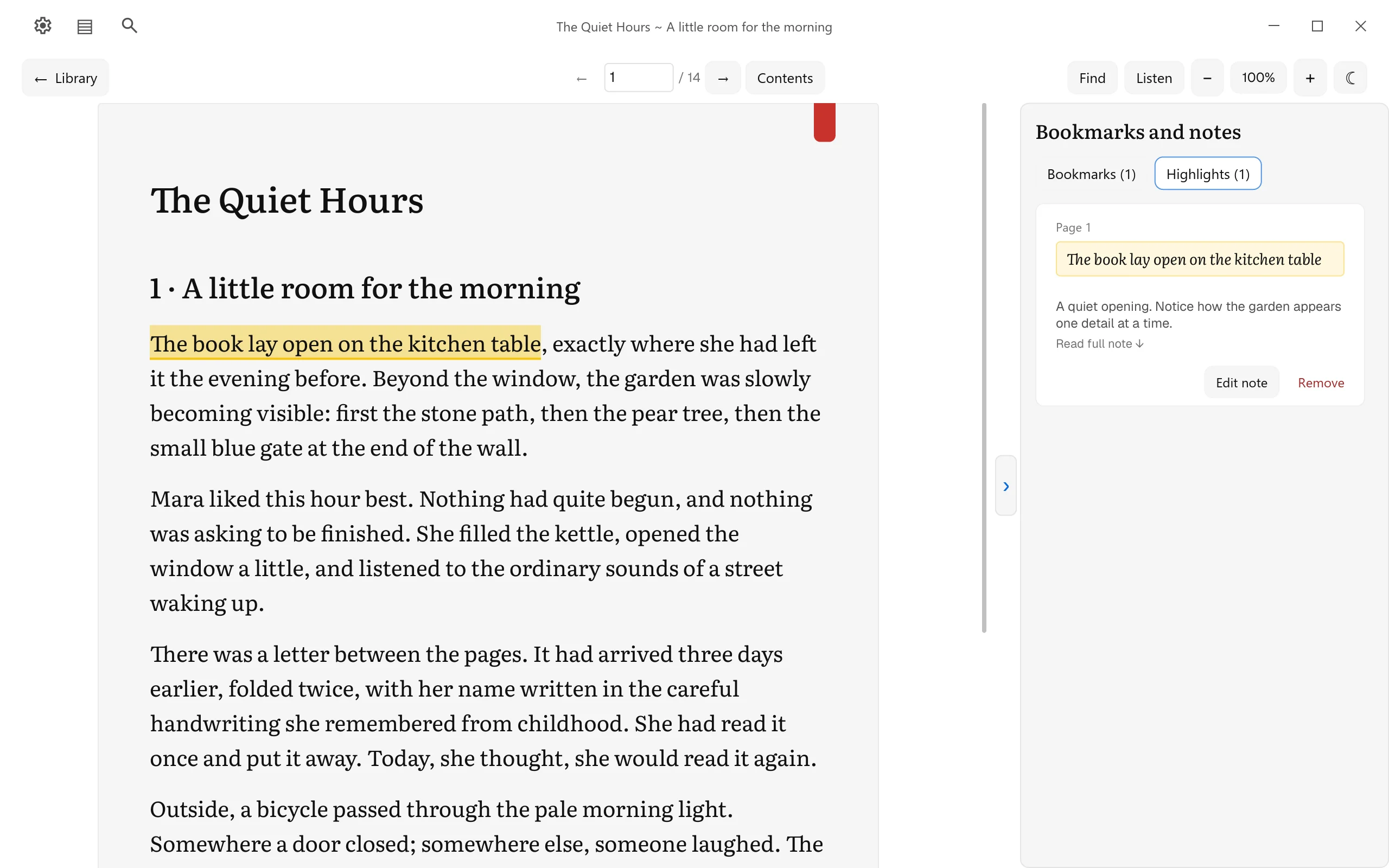 A highlighted passage with its note in the bookmarks and notes sidebar