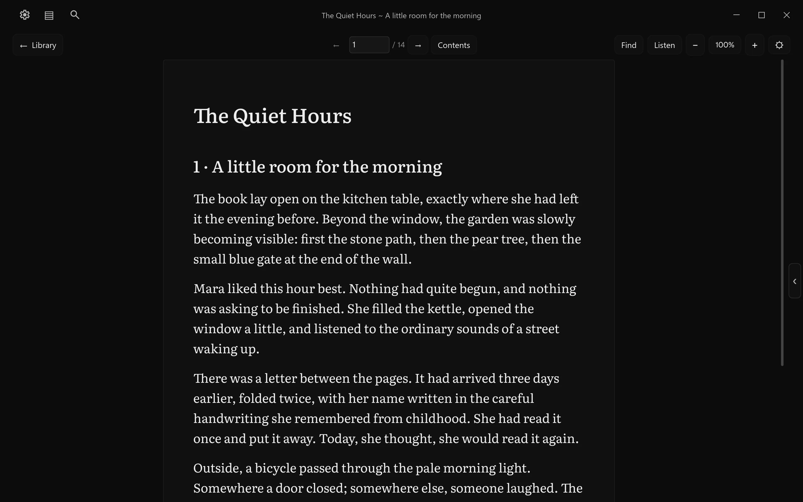 A book open in simPl’s reading view, with Find, Listen and zoom in the toolbar