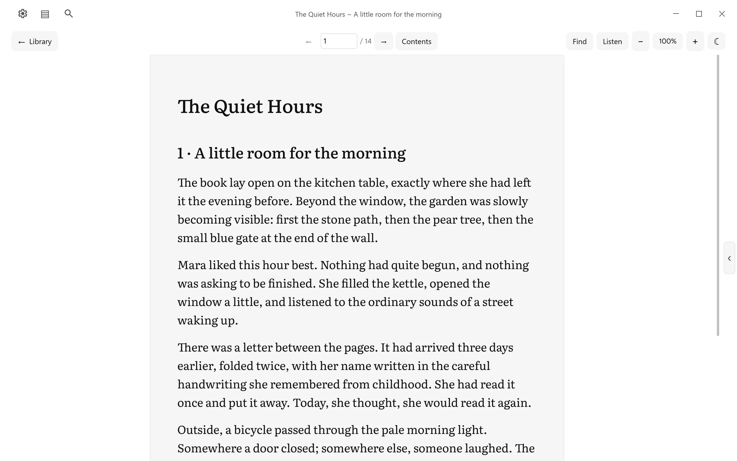 A book open in simPl’s reading view, with Find, Listen and zoom in the toolbar